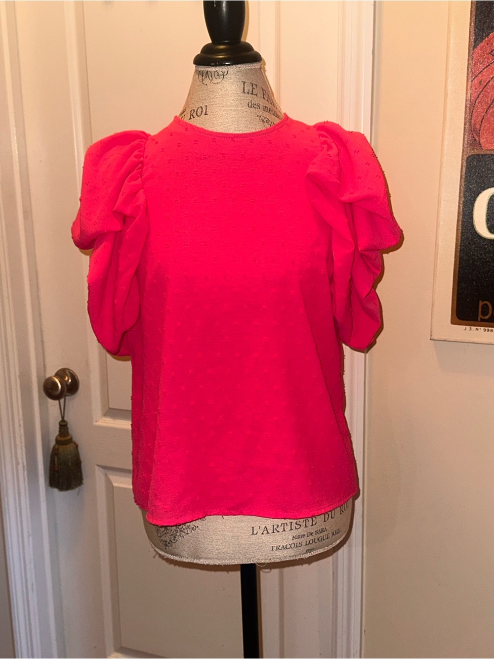 THML Neon Pink Puff Sleeve Dot-Texture Top
